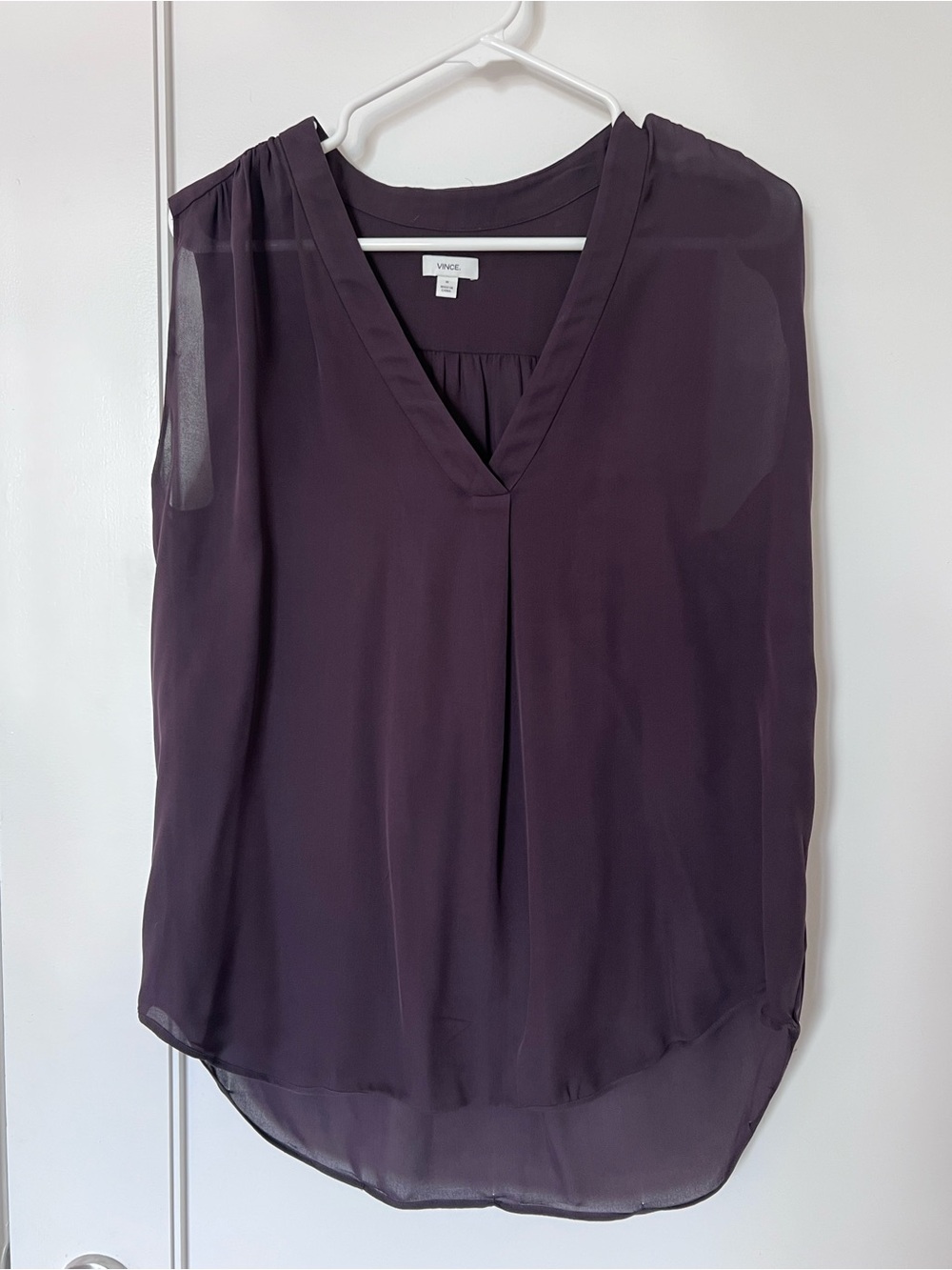 Vince Sleeveless V-Neck Silk Chiffon Blouse - Deep Plum
